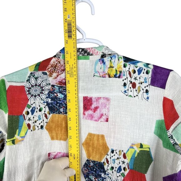 Parsley & Sage XL Bohemian Patchwork Ruffle Hi Lo Blouse Roll Tab Sleeve Artsy - Picture 12 of 16